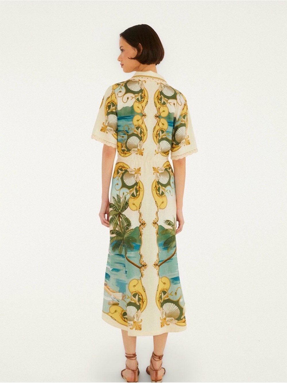 FARM Rio Cream, Green & Blue Coastal-Print Tie-Front Midi Dress - Picture 3 of 4
